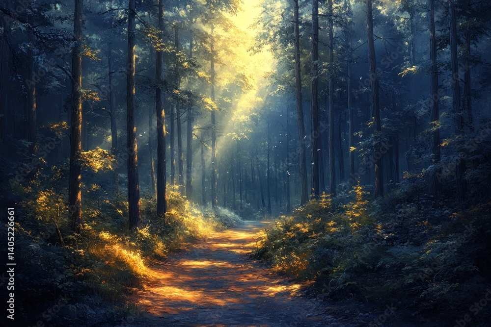 Fototapeta premium Sunlit path in a misty forest