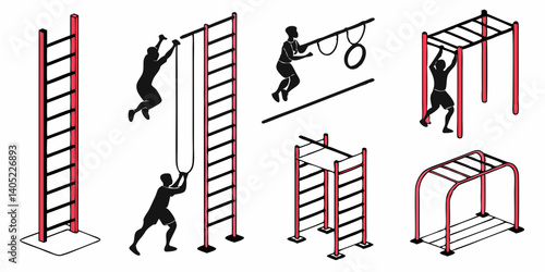 Isometric Vector Illustration: Outdoor Fitness Park Playground Gym Equipment, Ladders, Monkey Bars, Rings, Figures for Calisthenics Workout Training