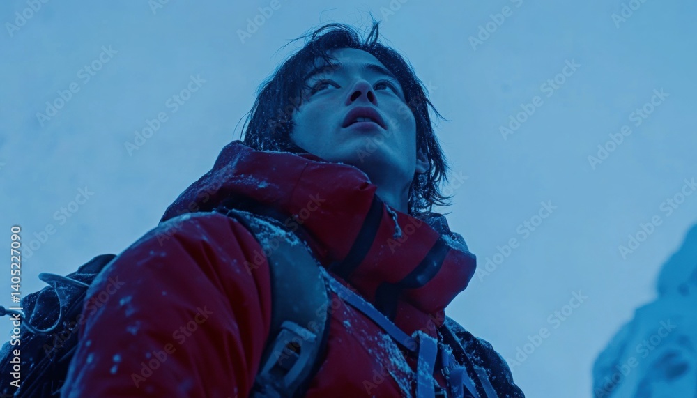 A climber gazes upward at a frigid mountain peak.