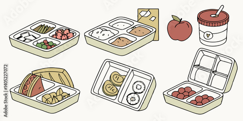 Cartoon School Lunch Trays Variety of Healthy Food Ideas for Kids