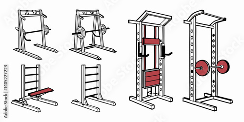 Gym Equipment Line Art: Smith Machine, Power Rack, Squat Rack, Bench Press for Weightlifting & Fitness