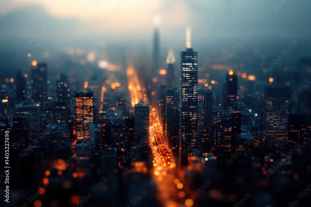 Urban cityscape at twilight, illuminated by city lights.