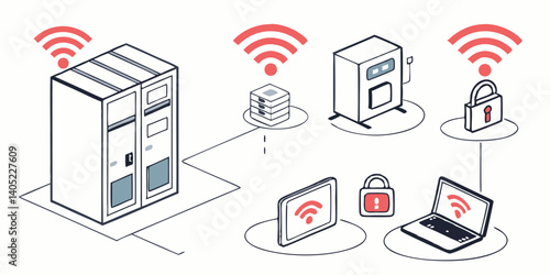 Secure Wireless Network Diagram Isometric Line Art: Server Rack, Database, Printer, Laptop, Tablet, Padlock, Network Connectivity