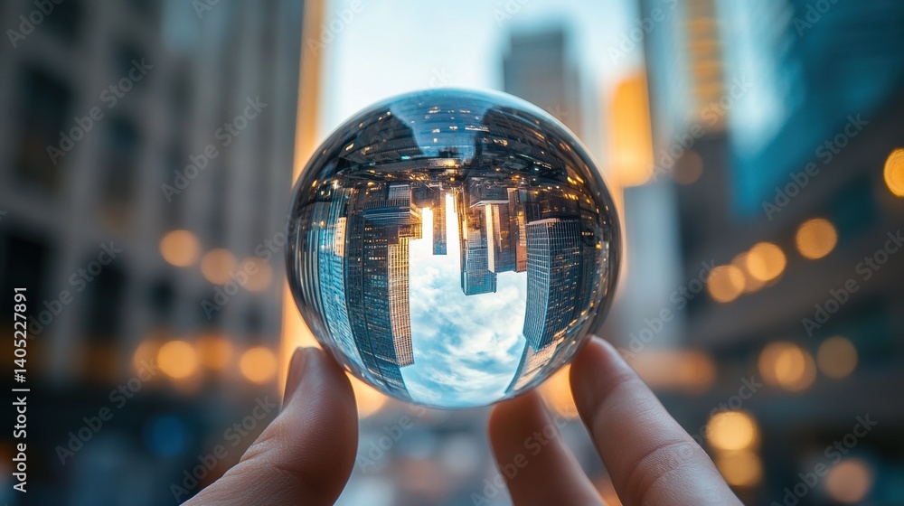 Crystal ball reflects city skyline in human hand.