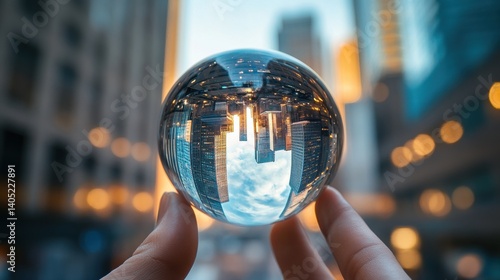 Obraz na płótnie Crystal ball reflects city skyline in human hand. w salonie