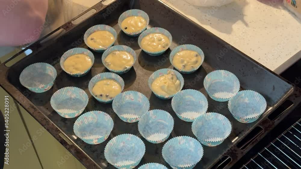 cupcakes tin filled with cream and chocolate for baking 4K 