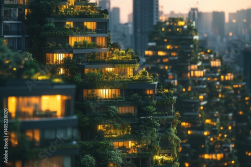 Verdant, illuminated urban dwellings in a futuristic cityscape.
