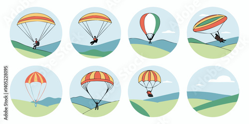 Paragliding Hang Gliding Cartoon Vector Icons Set - Outdoor Adventure Sky Landscape