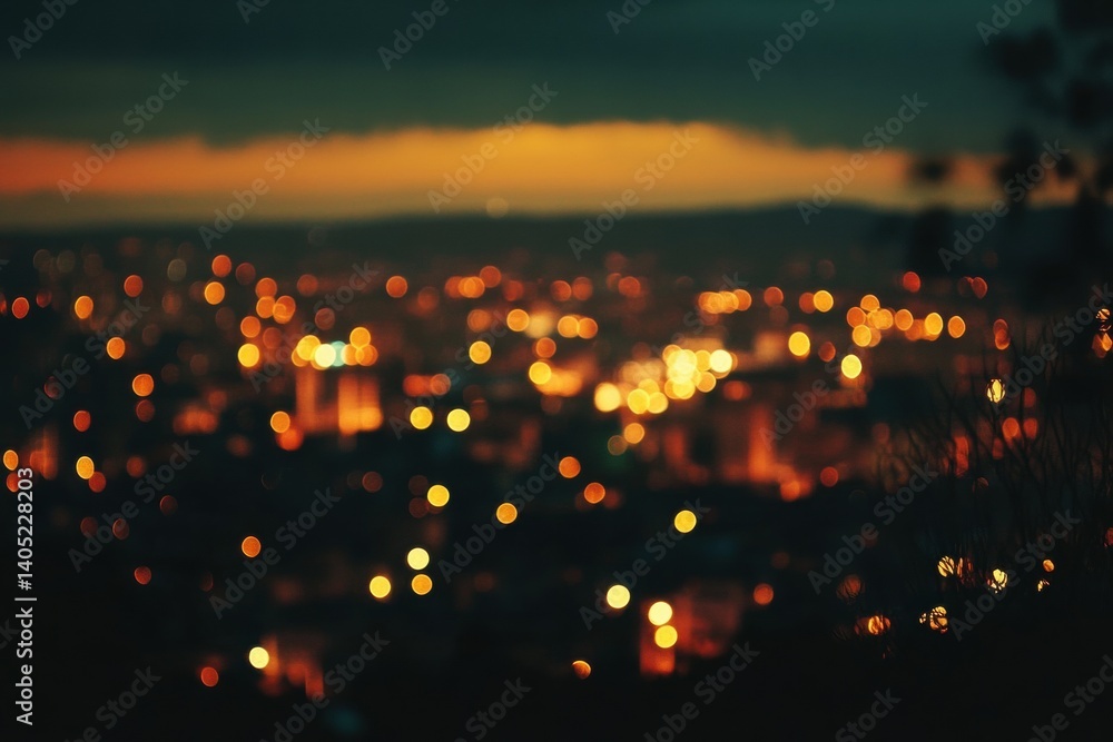 Blurred cityscape at twilight, displaying diffused city lights.