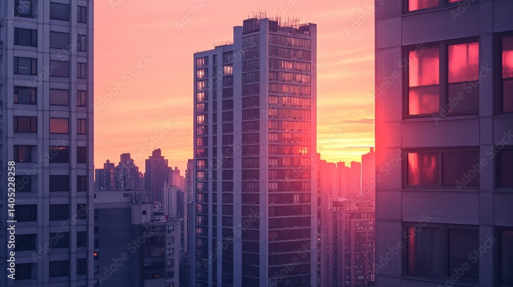Urban skyline bathed in a vibrant sunset glow.