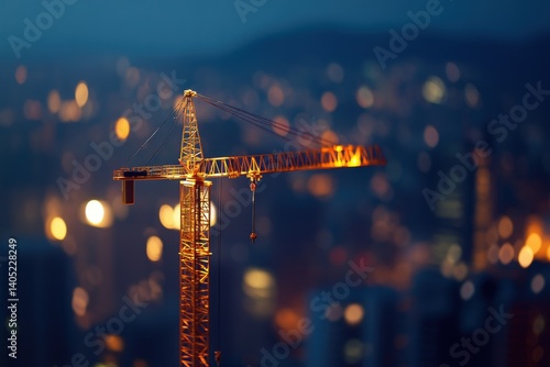 Cityscape at twilight with a construction crane in focus.