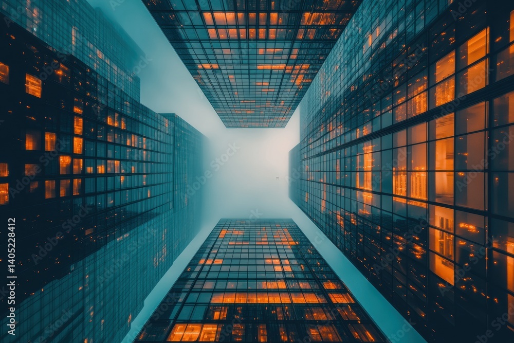 Urban skyscrapers ascend into a hazy sky.