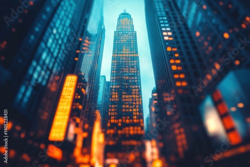 Urban cityscape perspective of New York City skyscrapers at twilight.