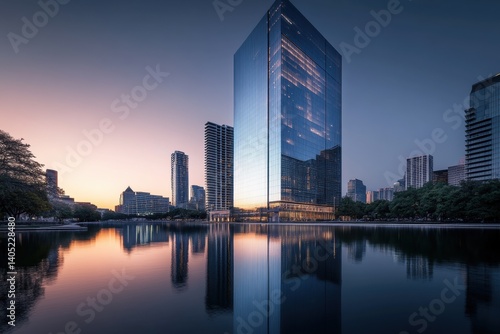 Obraz na płótnie Modern glass skyscraper reflecting in tranquil urban pond at dawn. w salonie