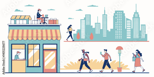 City Life Vector Illustration People Walking by Cafe Rooftop Workspace Urban Skyline Flat Design Style Scene