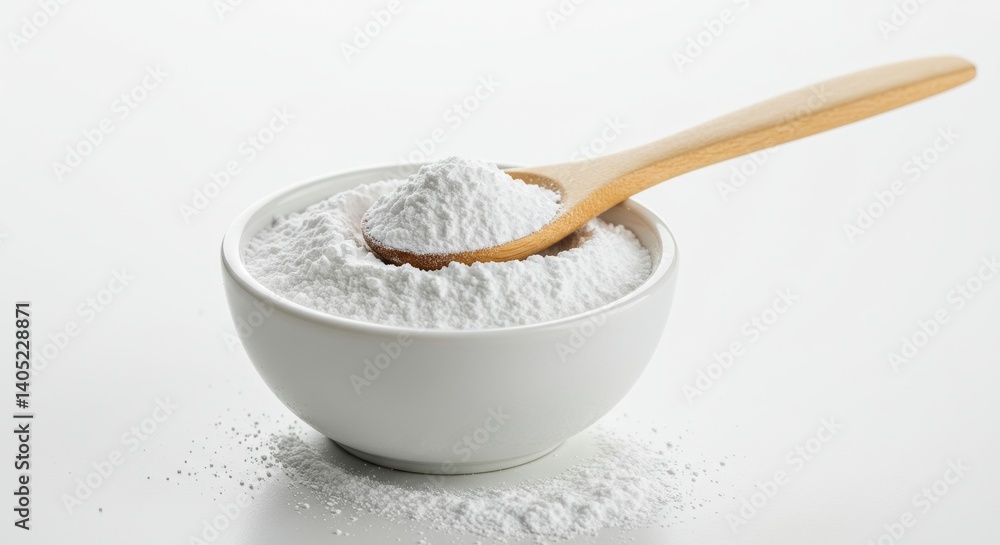 Studio shot of a bowl filled with snow-white powder and wooden spoon scooping Studio shot of a bowl filled with snow-white powder and wooden spoon scooping
