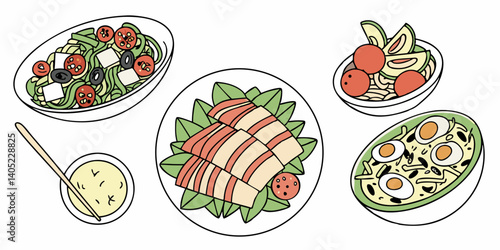 Healthy Food Dishes Salad Meat Egg Simple Line Art Vector Graphic Illustration