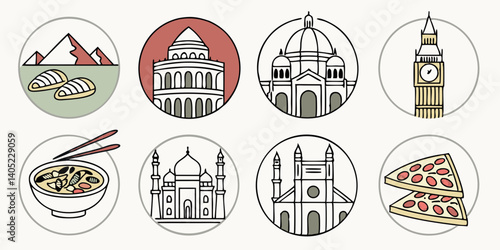 World Landmarks & Food Travel Icons Set - Line Art Vector Culture Tourism Design