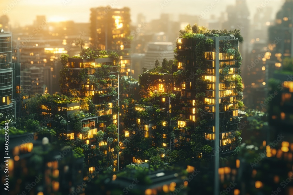 Urban renewal of a futuristic cityscape with lush greenery.