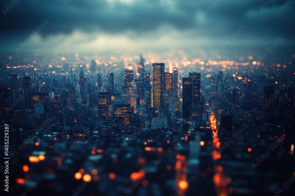 City skyline at dusk, illuminated by a stormy sky.