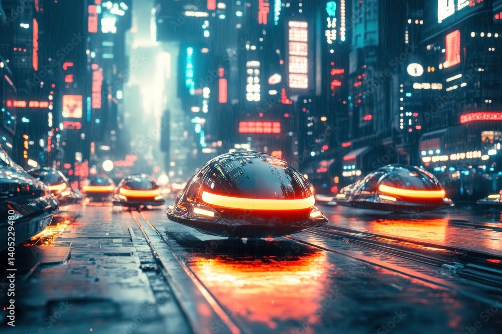 Futuristic cityscape teeming with hovercrafts.