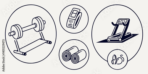 Black and White Fitness Gym Equipment Icons Barbell Weights Wristband Treadmill Yoga Mats Abs Line Art