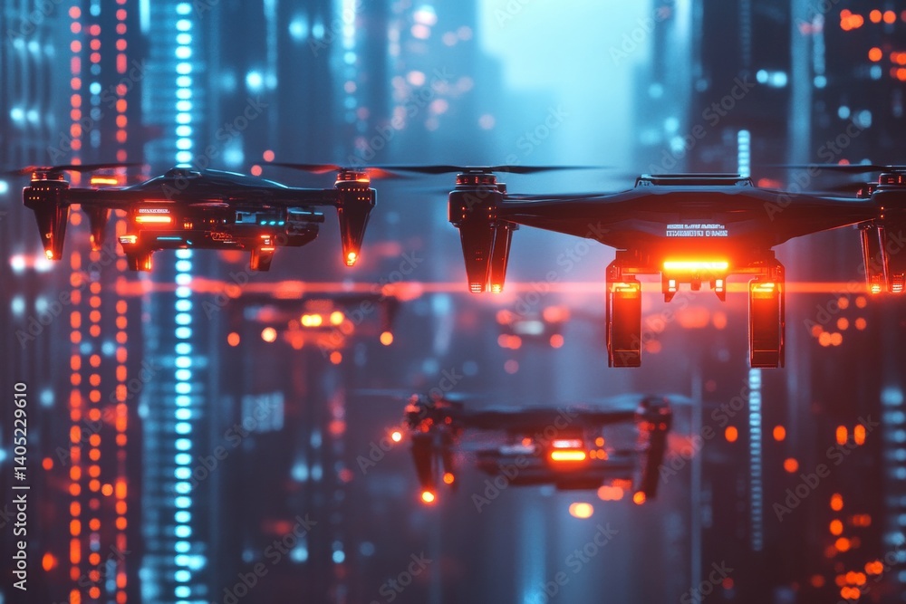 Futuristic cityscapes with multiple drones in flight.
