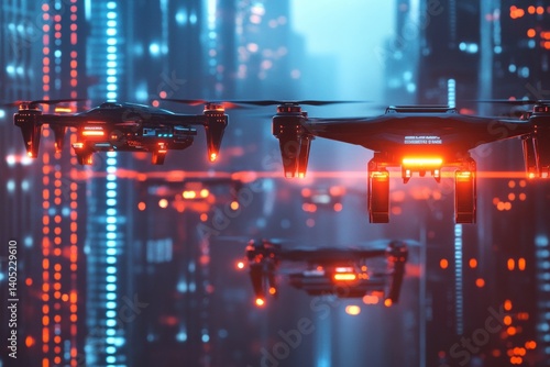 Obraz na płótnie Futuristic cityscapes with multiple drones in flight. w salonie