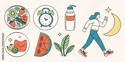 Vector Healthy Lifestyle and Wellness Art: Food Bowl, Alarm Clock, Water Bottle, Sleep, Exercise, Time, Diet, Rest, Activity, Fruits, Vegetables, Night Walk Icons