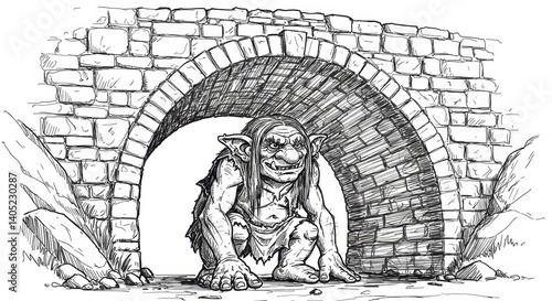 Black and White Sketch of a Troll Under a Bridge