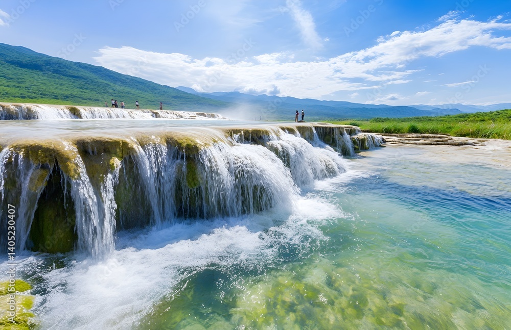 Fototapeta premium A waterfall with a group of people standing in front of it