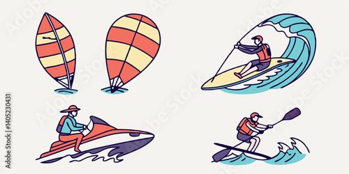 Fun Cartoon Vector Water Sports Illustrations Windsurfing Kitesurfing Surfing Jet Ski Kayak Summer Outdoor Recreation