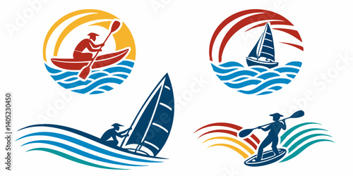 Vector Water Sports Icons Set Kayak Sailboat Windsurf Paddleboard Graphic