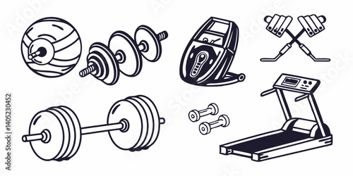 Black and White Gym Equipment Vector Illustration Dumbbells Barbell Treadmill Elliptical Gym Ball Weights Fitness Workout Line Art