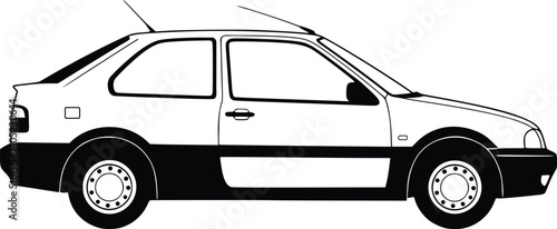 Silhouette of a compact two-door car with rear hatch and visible antenna, emphasizing sleek automotive design and simplicity