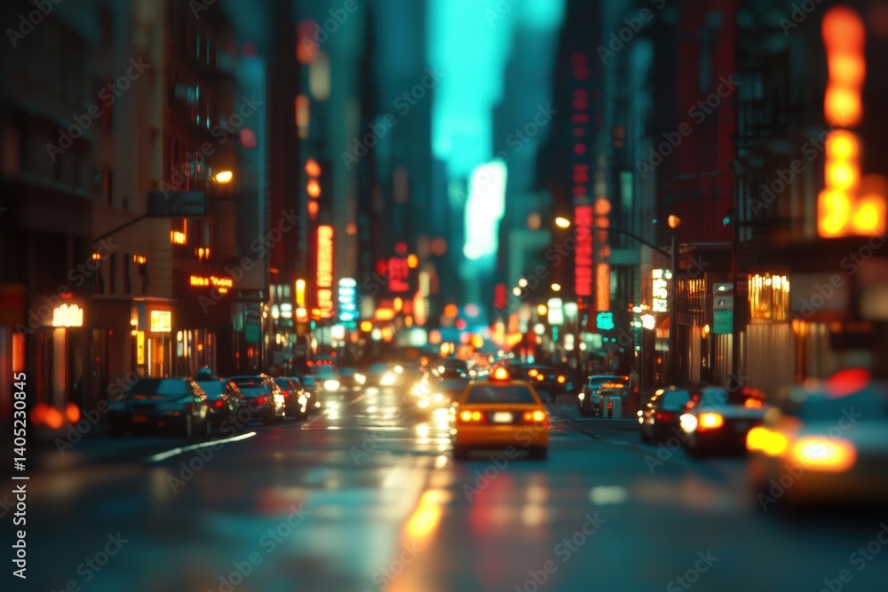Urban street scene at night, blurred perspective.
