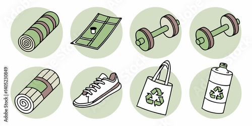 Sustainable Fitness Icons: Yoga Mat, Dumbbells, Shoes, Recycle Bag, Water Bottle