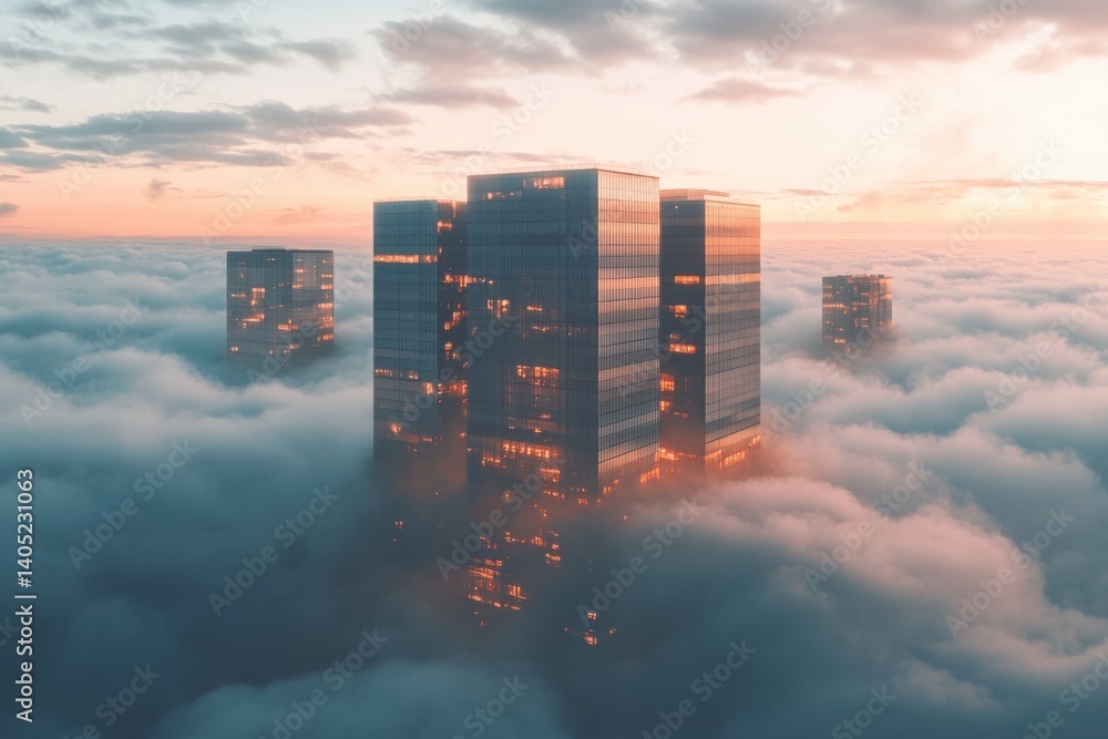 City skyscrapers rising above a sea of clouds at sunset.