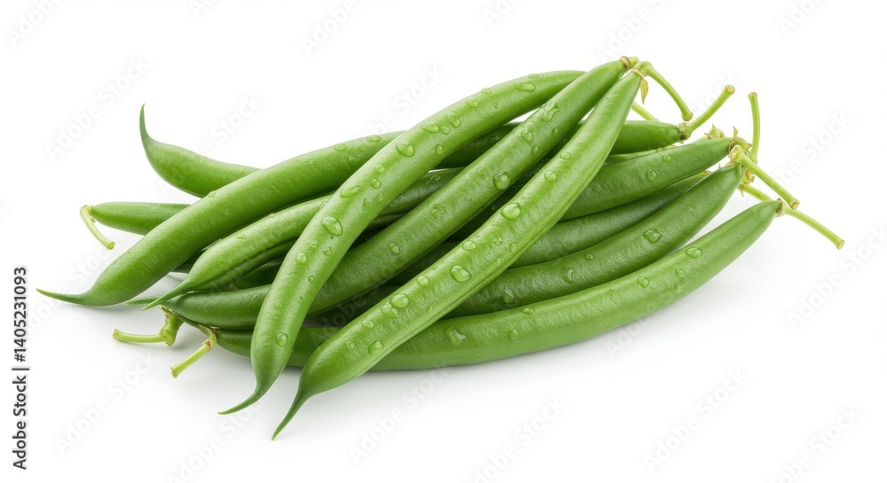 Cluster of fresh, slender green beans with glossy, vibrant emerald skins and intact light green stems Cluster of fresh, slender green beans with glossy, vibrant emerald skins and intact light green stems