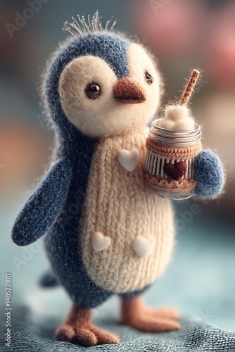 The image shows a stuffed penguin toy holding a jar filled with a substance. The toy is blue and white and has small white hearts penguin  3d Doll for baby