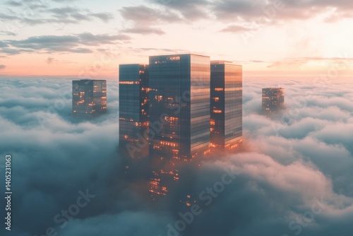 Obraz na płótnie City skyscrapers rising above a sea of clouds at sunset. w salonie