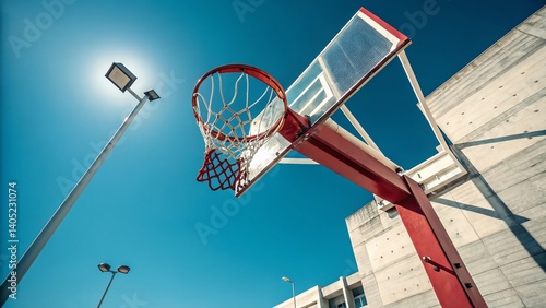 A vibrant basketball hoop against a clear blue sky, symbolizing action, with a bold red rim and bright white net fluttering in the breeze, dynamic angle from below, vivid colors and crisp lighting