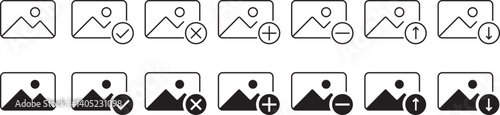 image gallery edit icon set. Add image or picture icon set. gallery download and upload. image delete sign