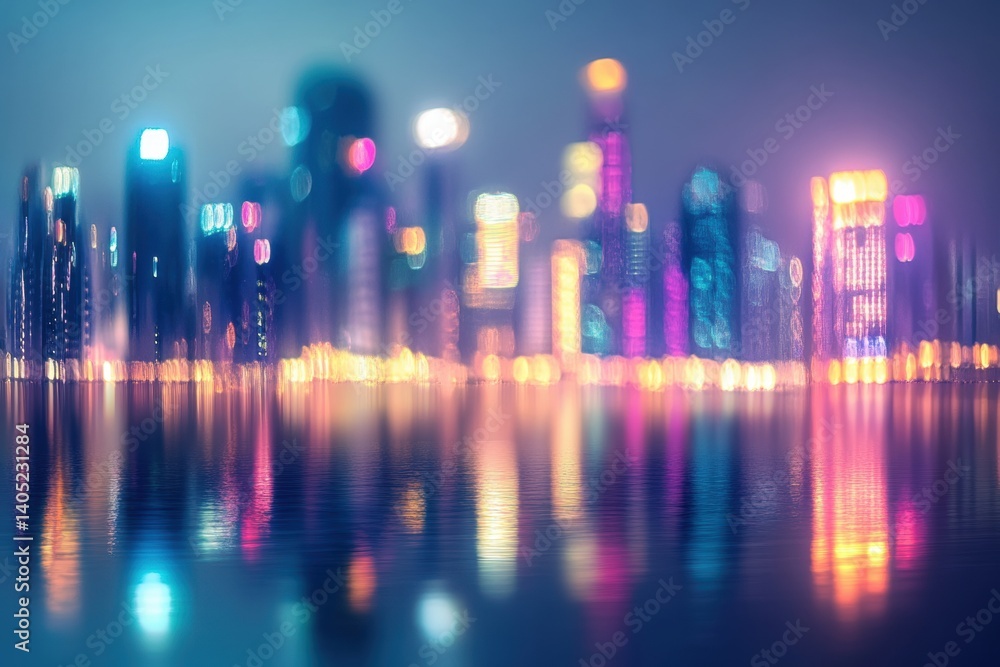 Vibrant city skyline reflected in a tranquil water body at night.