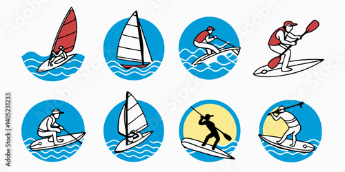 Cartoon Water Sports Icons Set Windsurfing Sailing Paddleboarding Illustrations
