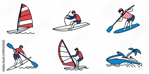 Cartoon Water Sports Illustrations Windsurfing Kayaking Paddleboarding Jet Ski