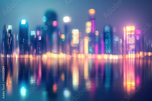 Obraz na płótnie Vibrant city skyline reflected in a tranquil water body at night. w salonie