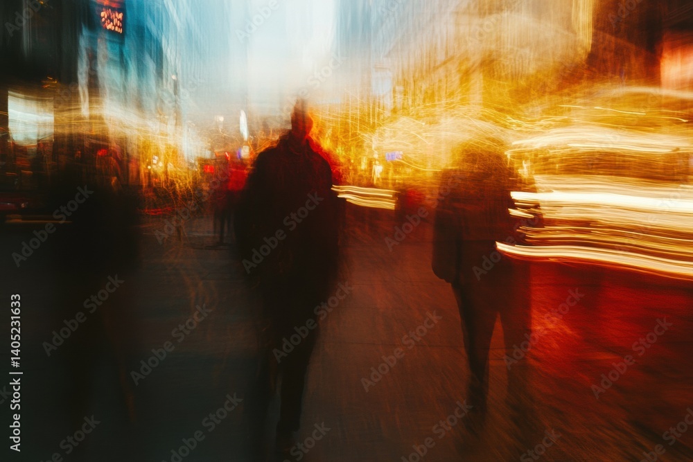 Blurred figures in a city street at night.