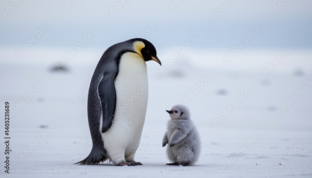 Naklejka premium Penguin and chick bonding moment antarctic region wildlife photography icy landscape close-up view nature connection
