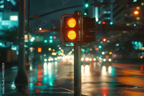 Urban intersection at night, illuminated by wet, glowing traffic lights.